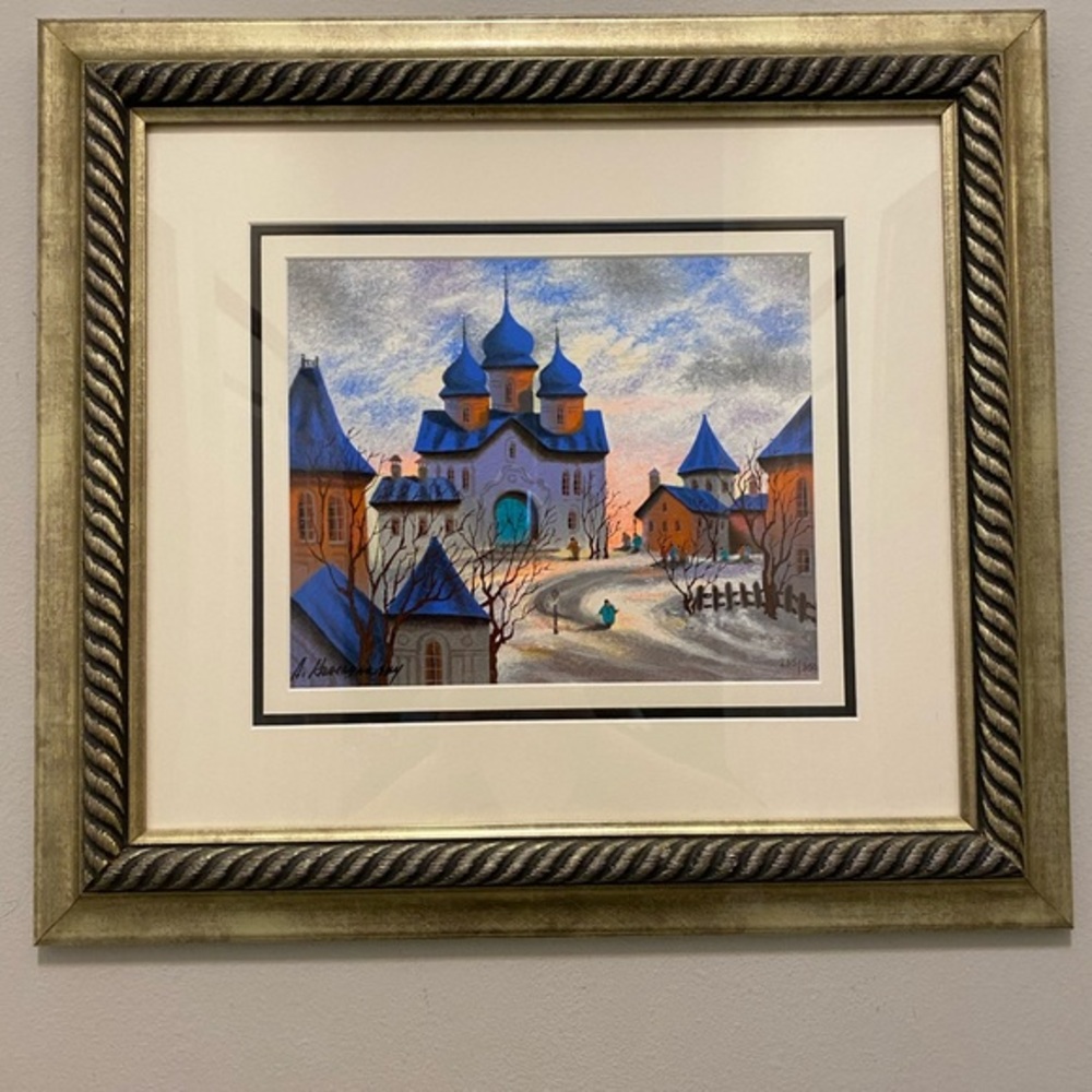 Anatole krasnyansky serigraph (Sunset Old Church In The Villa) signed & numbered